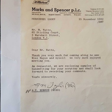 Marks and Spencer Letter requesting Graphological analyses